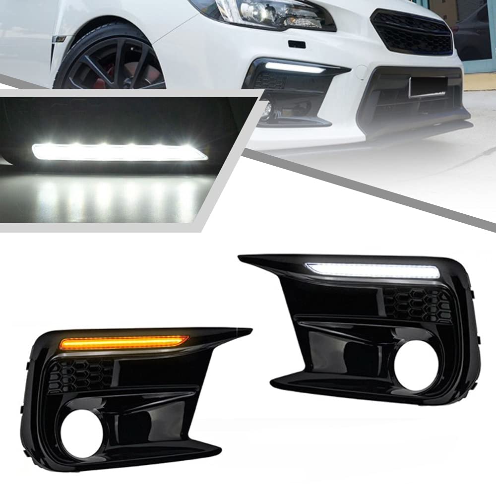 2Pcs White/Amber LED Daytime Running Lights (DRL) with Dynamic Sequential Turn Signals for Subaru WRX 2018-2020 - Fog Lamp Bezels Replacement | Enhance Visibility & Style for Day & Night Driving