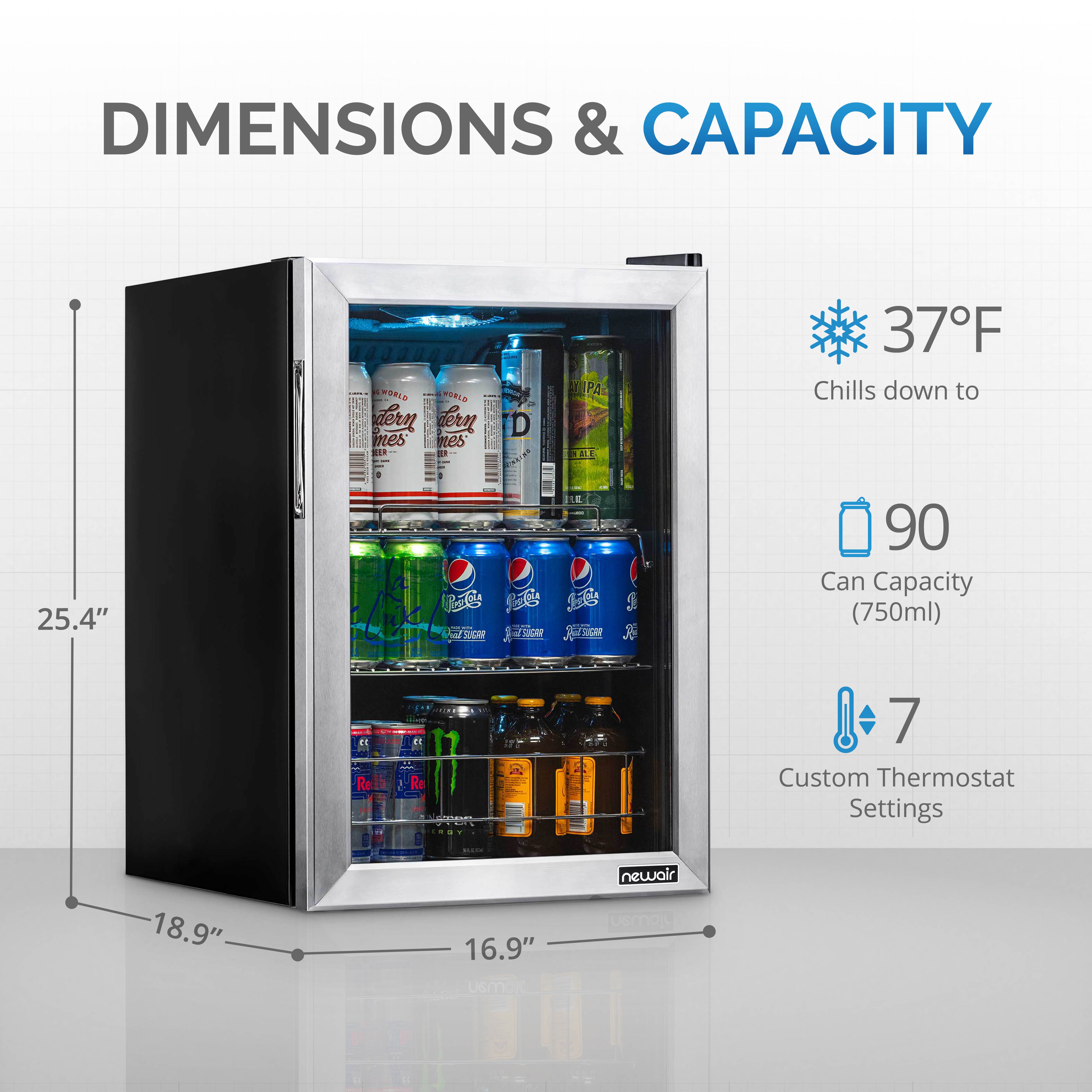 Newair® 90 Can Freestanding Stainless Steel Beverage Refrigerator - Perfect for Home Bars, Offices, and Game Rooms - Keep Drinks Cold and Organized