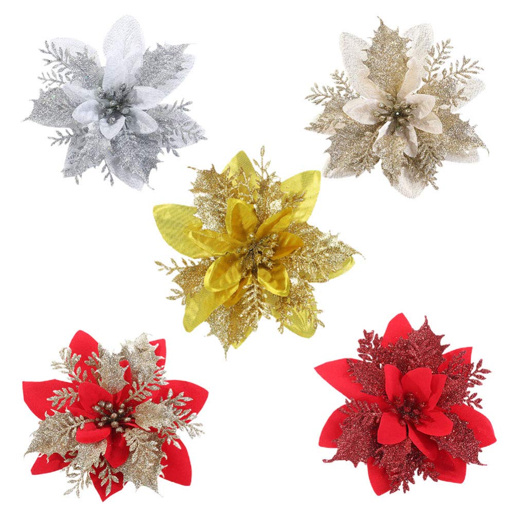5Pcs Christmas Glitter Poinsettia Flowers - Artificial Holiday Decor for Xmas Tree, Wedding Wreath, Staircase & Fireplace - Festive Home & Party Decoration (Multicolor) - Perfect for Holiday Parties, Gift Wrapping & Seasonal Home Staging
