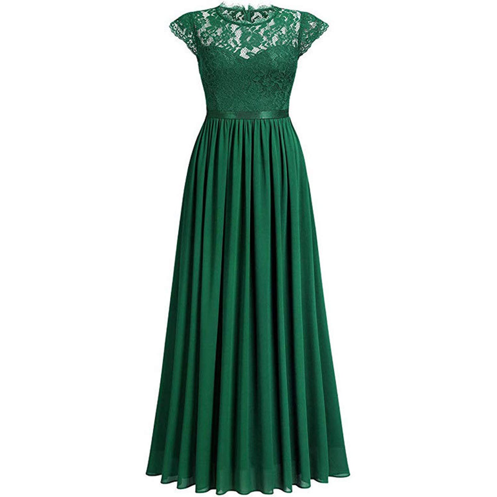 Elegant Chiffon Maxi Dress with Lace Stitching - High Waist Short Sleeve Bridesmaid & Wedding Guest Dress for Evening Events & Formal Occasions