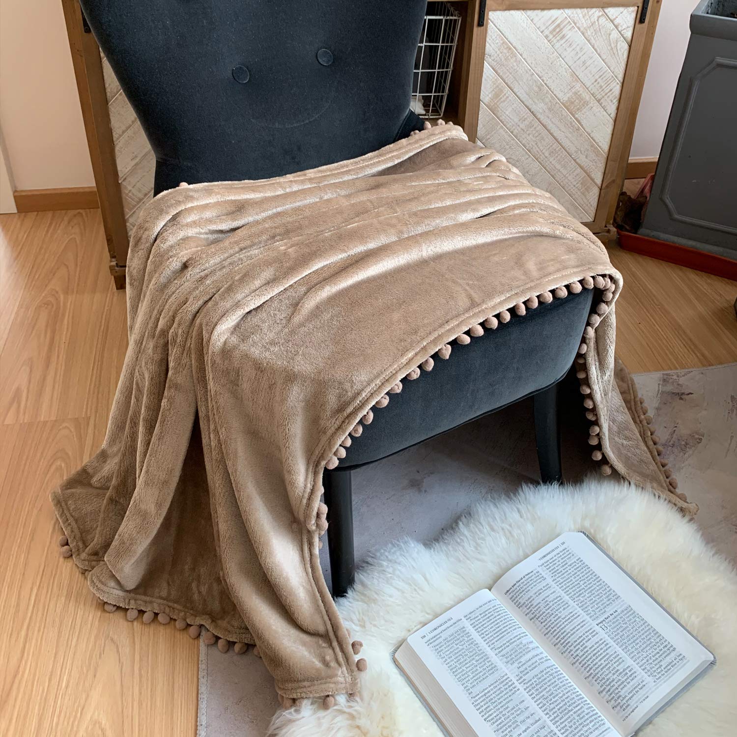 LOMAO Soft Flannel Blanket with Pompom Fringe - Lightweight & Cozy Throw Blanket for Bed, Couch, Sofa - All-Season Warmth (Khaki, 60''x80'') - Perfect for Lounging, Netflix Nights & Guest Bedrooms