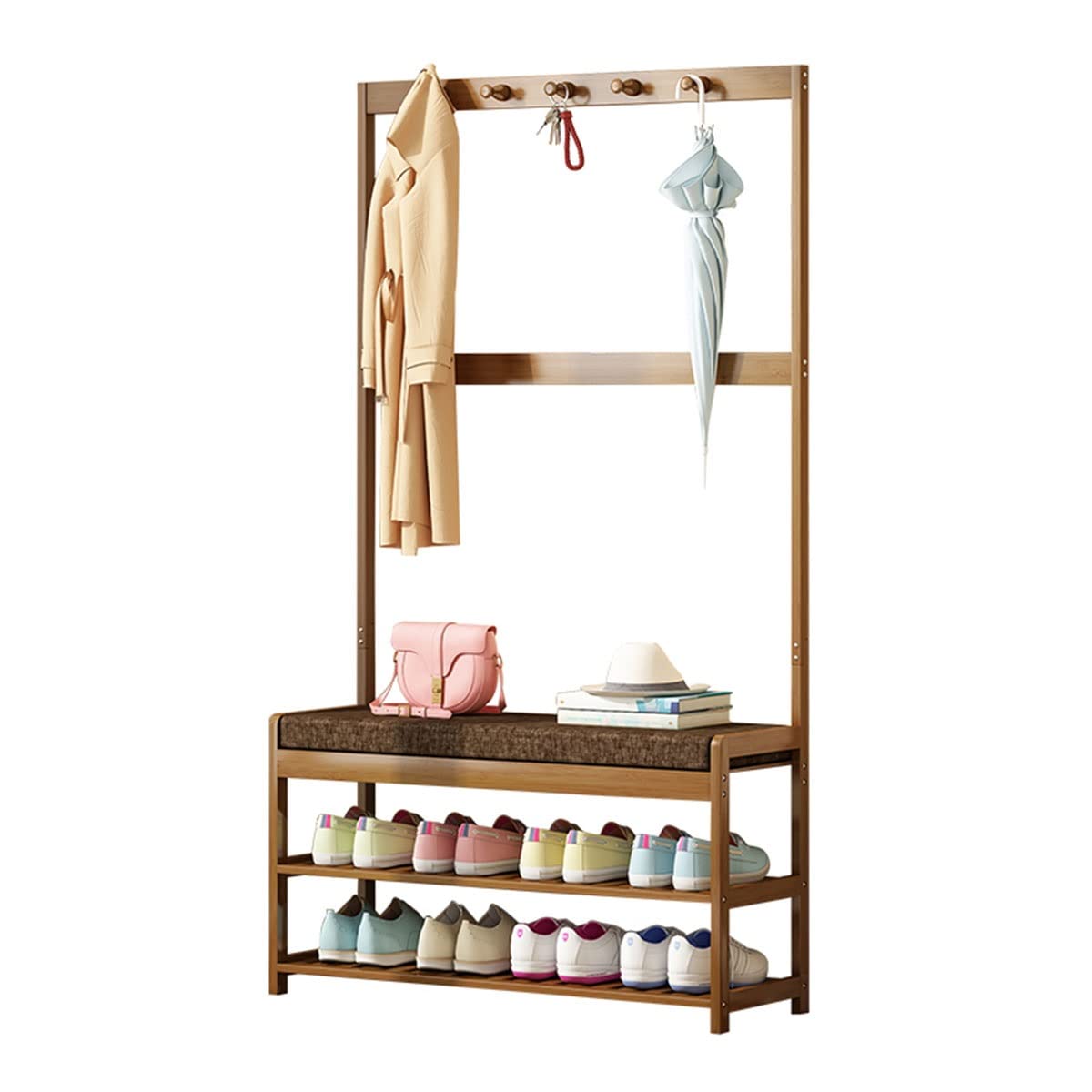 OTBK 3-in-1 Bamboo Entryway Hall Tree Bench with Coat Rack & Shoe Storage - 60cm Multi-Functional Organizer for Entryway, Mudroom or Bedroom - Perfect for Storing Shoes, Hats & Winter Coats