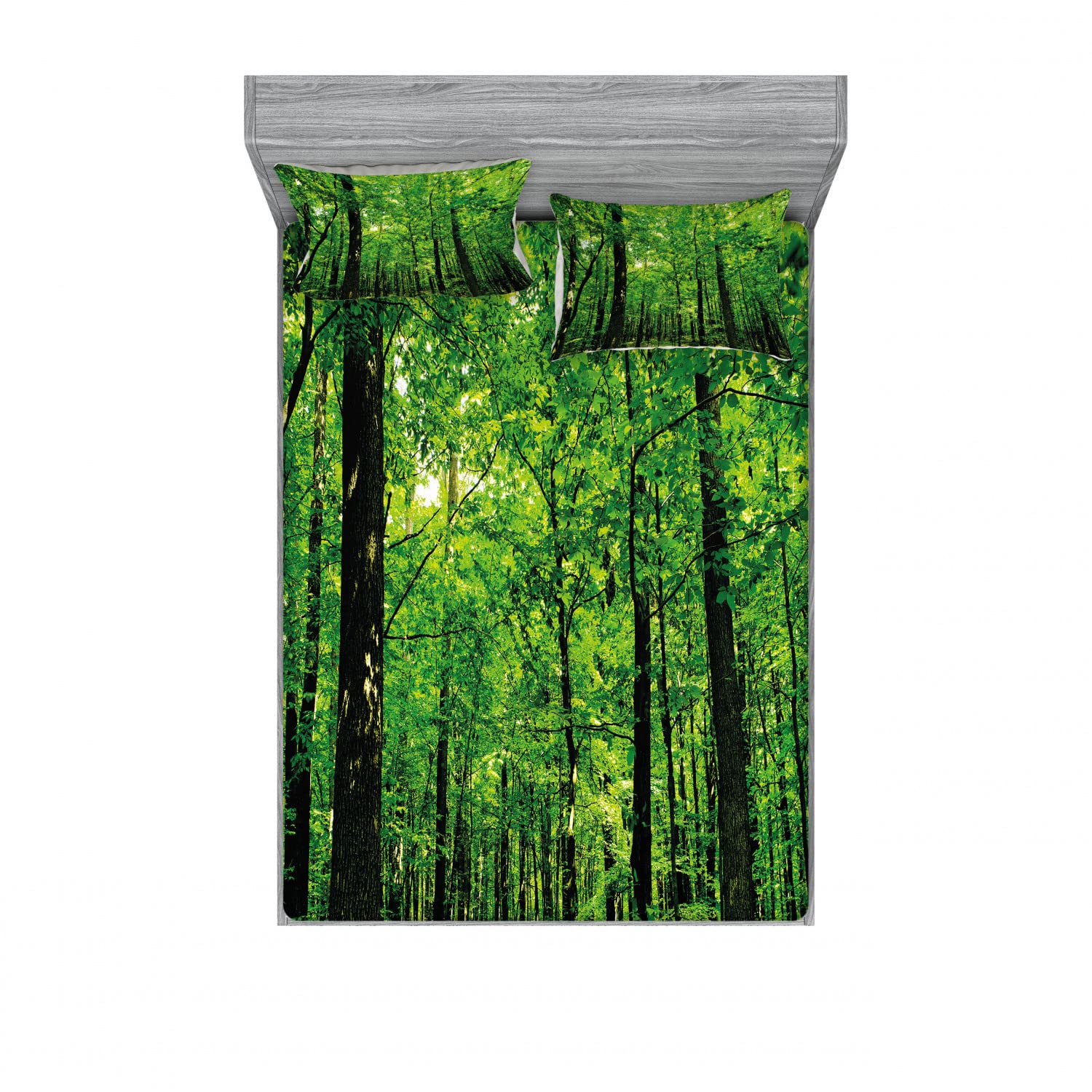 Ambesonne 2-Pack Queen Size Fitted Sheet Set with 4 Pillow Shams - Woodland Forest Tree Sun Design in Fern Green & Seal Brown - Soft Bedding Set for Cozy Cabin Retreats, Rustic Bedroom Decor, and Nature-Themed Home Styling