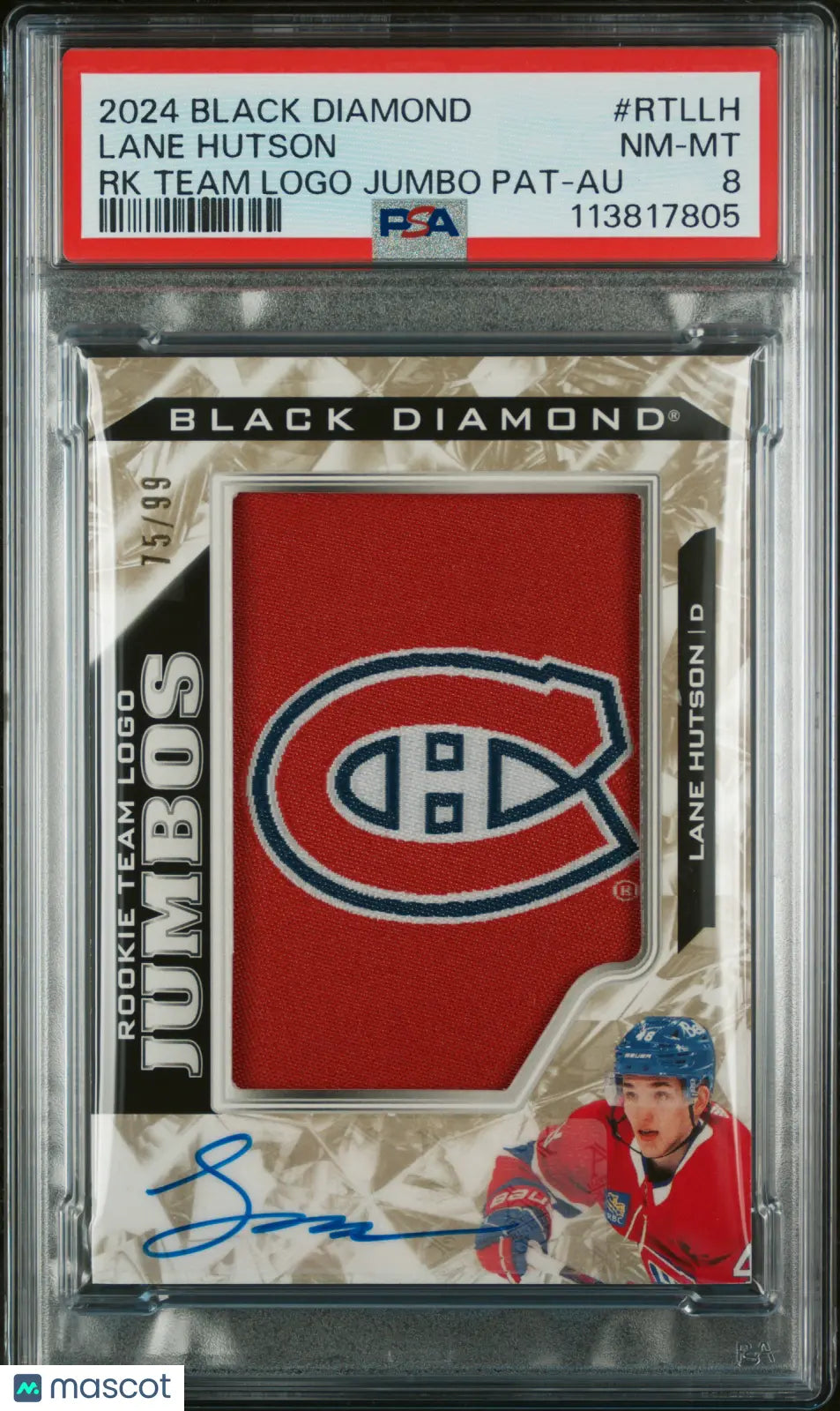 2024 UD Black Diamond Rookie Team Logo Jumbo Patch Auto Lane Hutson PSA 8 /99 - Rare Hockey Trading Card for Collectors & Investors - Perfect for Sports Memorabilia Displays & Auctions