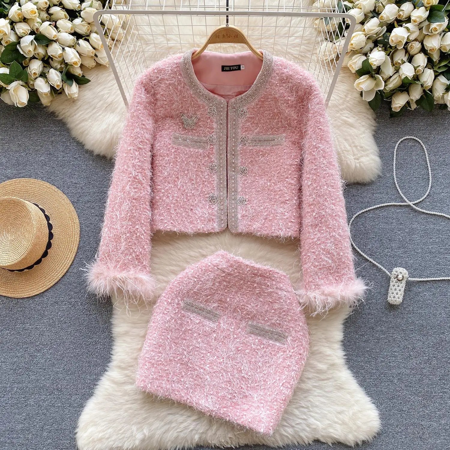 Vintage White 2-Piece Women's Outfit - Elegant Pink Round Neck Cardigan Coat & Zipper Mini Skirt Set | Fall Winter Party Fashion | Perfect for Holiday Gatherings, Date Nights & Office Wear