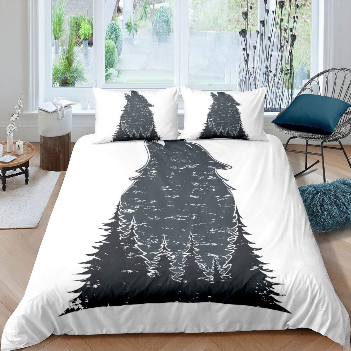 Erosebridal Wolf Bedding Set Twin Size - Pine Tree Duvet Cover, Gothic Nature Comforter Cover with Animal & Plant Design for Kids, Boys, Girls, Teens - Black & White Bedspread for Living Room, Dorm Decor - Perfect for Cozy Nights & Nature-Themed Bedrooms