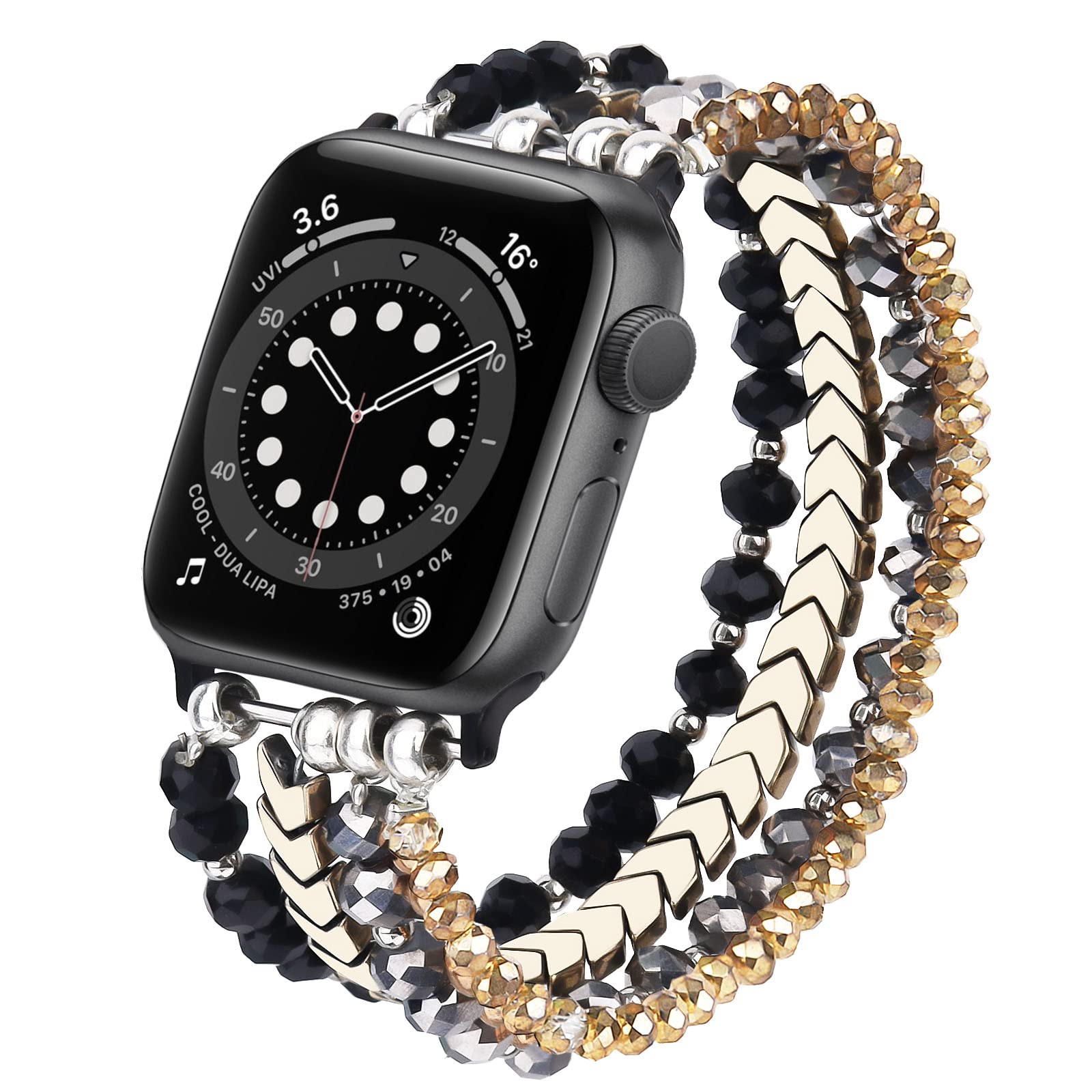 MOFREE Arrow & Black Beaded Stretch Bracelet Compatible with Apple Watch 40mm/38mm/41mm (Series 7/SE/6/5/4/3/2/1) - Handmade Elastic Women's Fashion Strap for iWatch - Perfect for Workouts, Office & Casual Wear