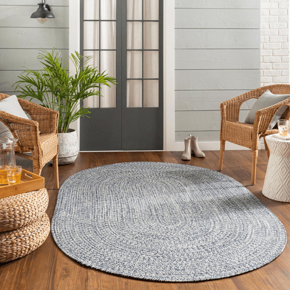 Durable Machine Woven Outdoor Rug for Patio & Deck - Chesapeake Bay Denim Blue - All-Weather Resistant & Easy to Clean - Perfect for Backyard, Poolside & Garden Decor