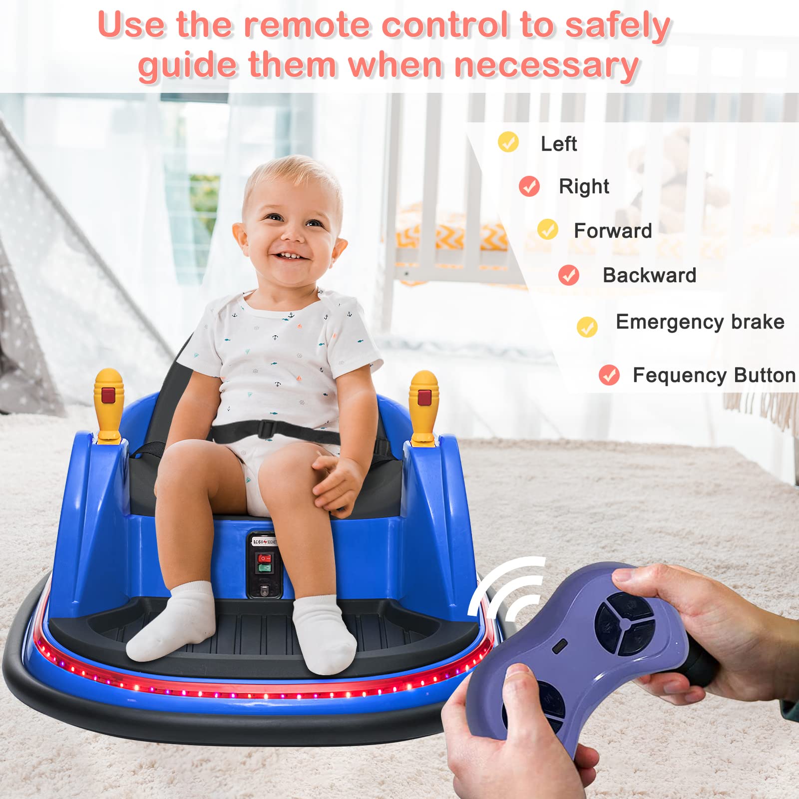 JOYMOR 6V Electric Bumper Car for Kids with Remote Control - 360° Spin, Flashing LED Lights, 2 Driving Modes, Music & Safety Belts | Perfect for Indoor/Outdoor Play, Birthday Gifts for Boys & Girls (Blue)