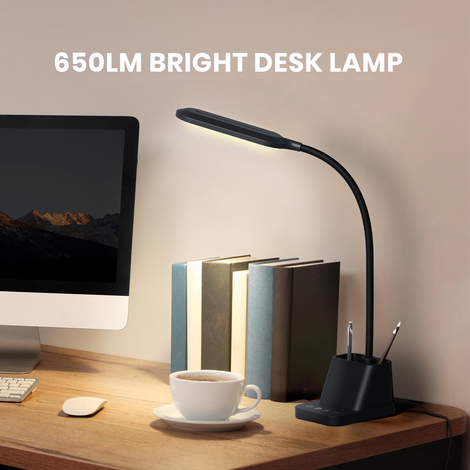 AXX LED Desk Lamp with USB Charging Port - Adjustable Gooseneck Study Light for Home Office, Bedroom & College Dorm - 650LM Brightness, Timer Function, Pen Holder - Perfect for Reading, Working & Studying (Black)