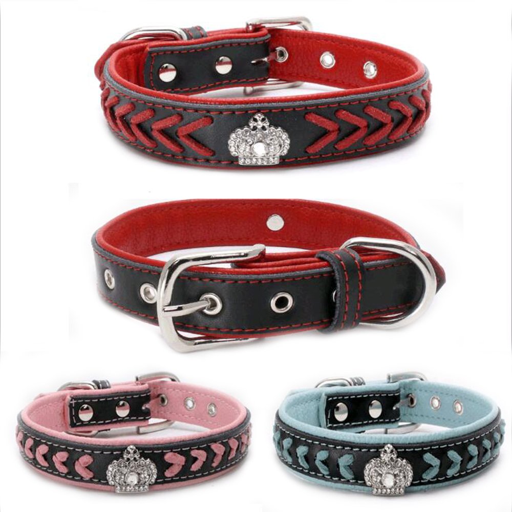 Handmade Genuine Leather Braided Dog Collar with Rhinestone Crown - Adjustable 14.5