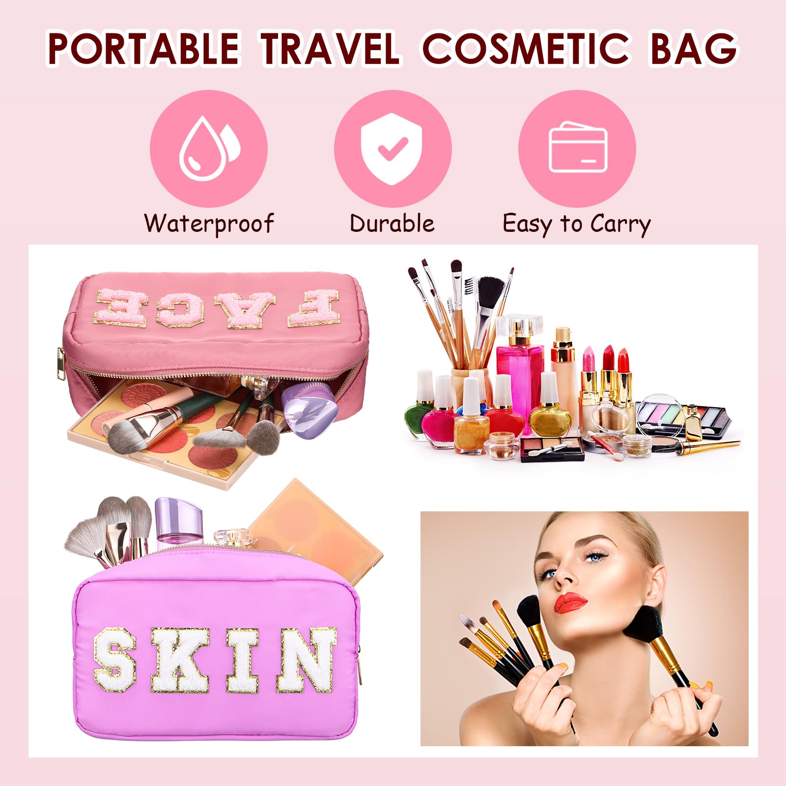 Remerry 4-Piece Waterproof Makeup Bags Set - Travel Cosmetic Organizer with Chenille Letters, Preppy Toiletry Pouches for Women & Teens (Pink Gradient) - Perfect for Gym, Vacation & Daily Beauty Storage