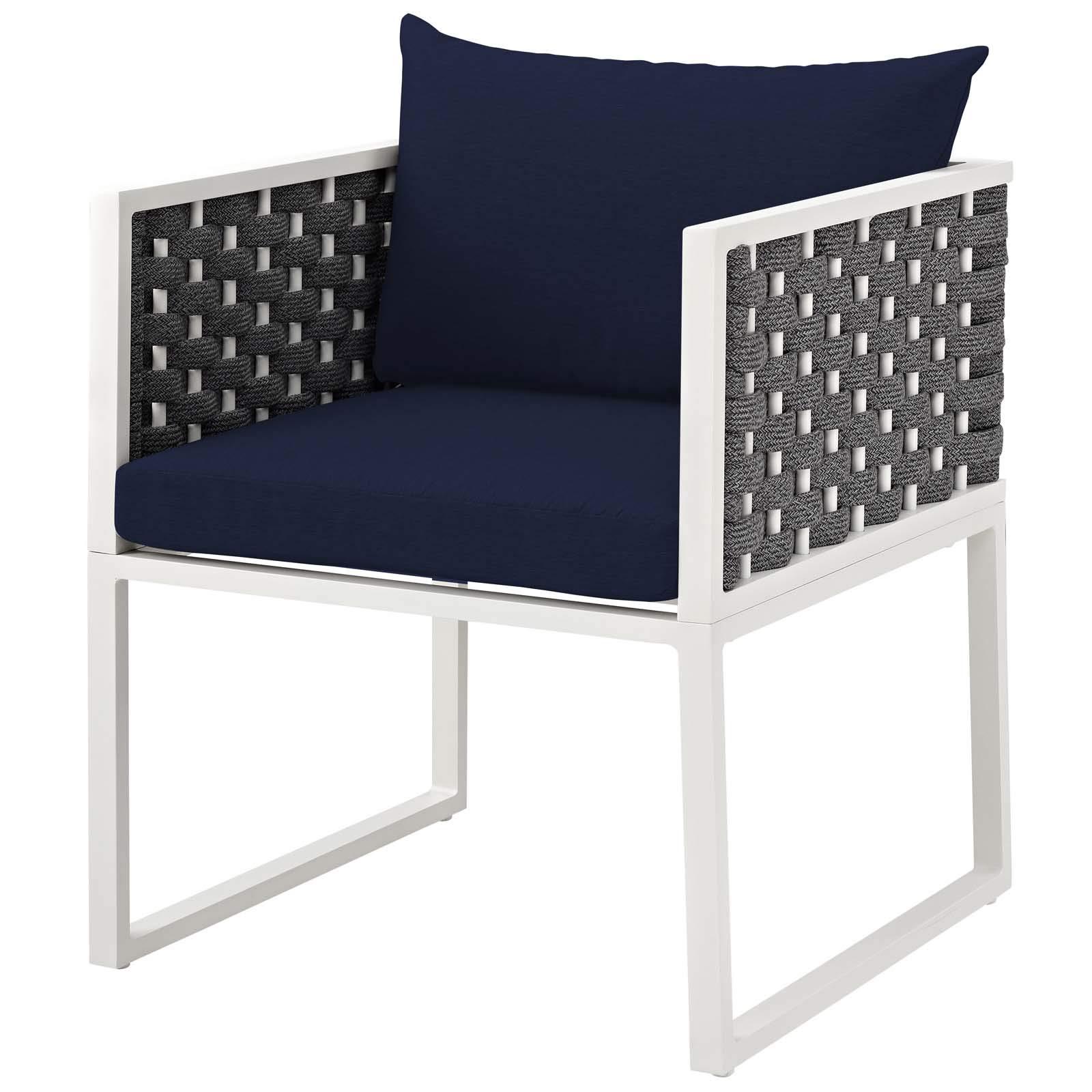 Modern Outdoor Patio Dining Armchair - Navy Blue & White Fabric with Aluminum Metal Frame, Perfect for Garden, Side Seating, and Relaxing Outdoor Spaces