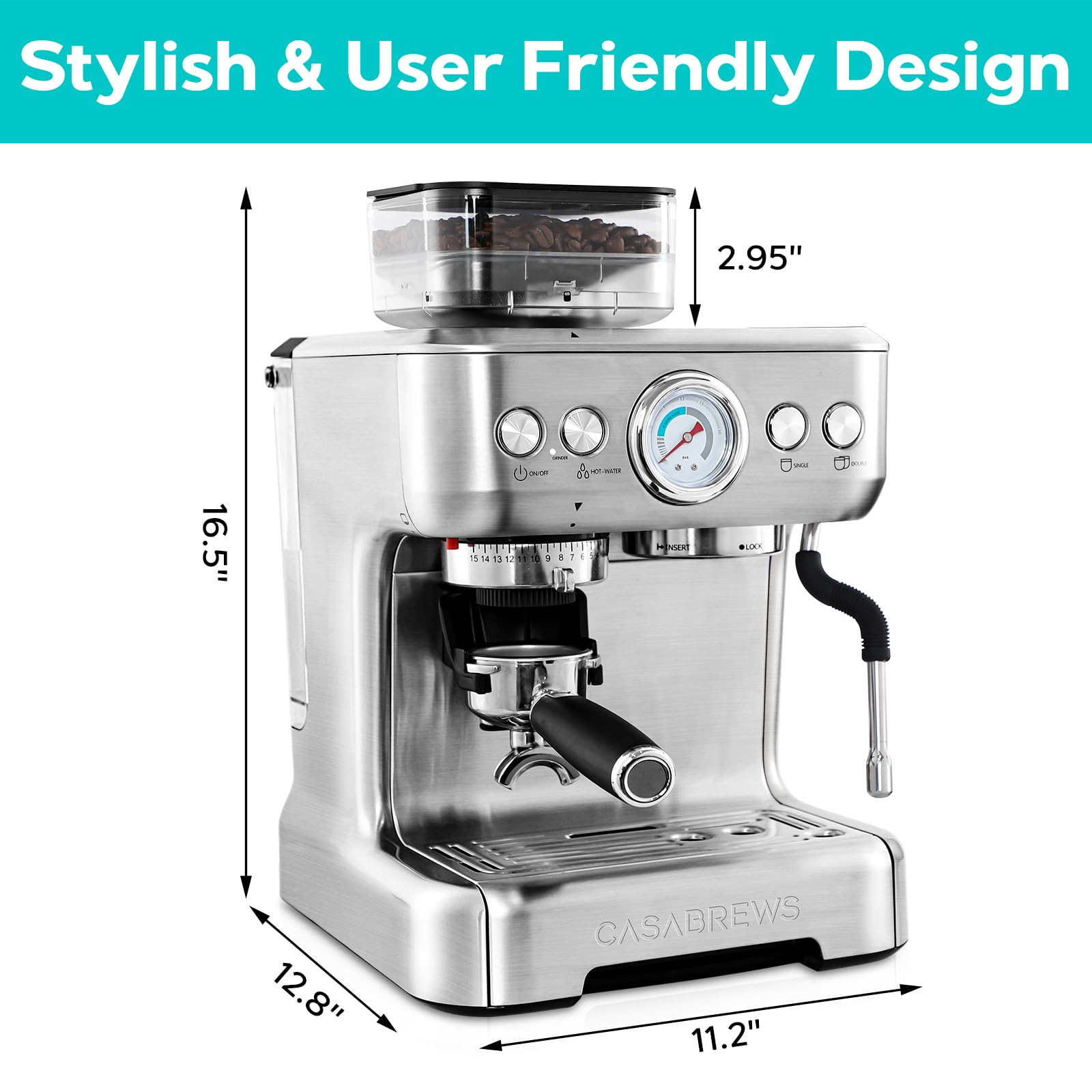 CASABREWS Professional Espresso Machine with Built-in Grinder & Milk Frother - Barista-Style Coffee Maker for Cappuccino, Latte & Macchiato - Perfect for Home, Office & Coffee Shop Use