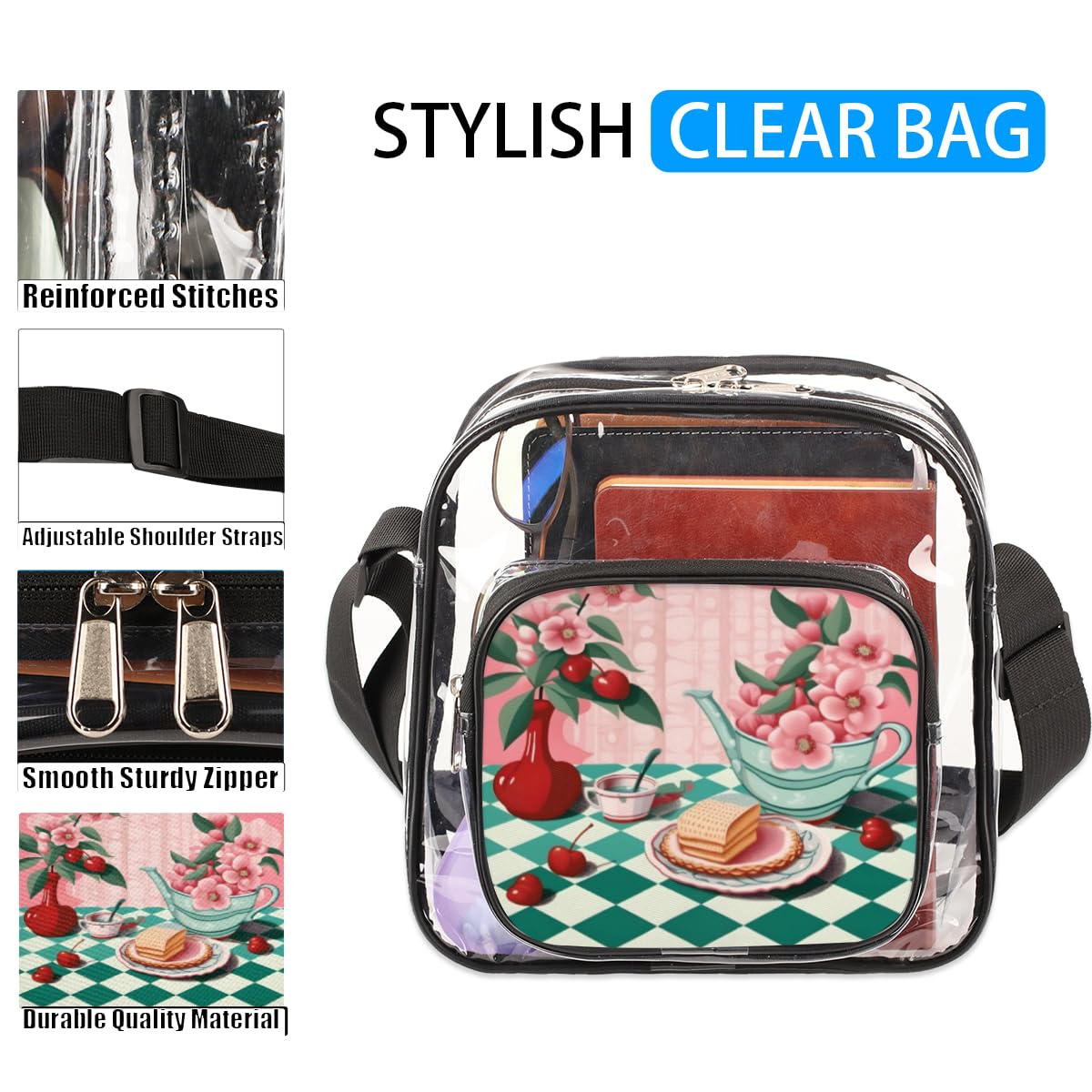 Still Life Pattern Clear Crossbody Purse - Stadium Approved Transparent Bag for Concerts & Sports Events - Fashionable Clear Shoulder Bag for Women & Men - Perfect for Music Festivals, NFL Games & Security Checkpoints