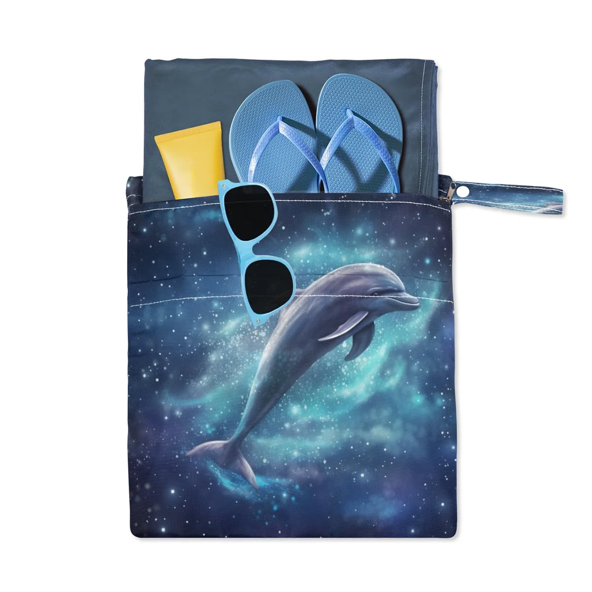 Galaxy Dolphin Wet Dry Bags 2 Pack - Waterproof Travel Laundry Bags, Swimsuits Storage & Cloth Diaper Wet Bags for Beach, Pool, Gym, Yoga | Perfect for Swimming, Baby Care, Sports & Travel Organization