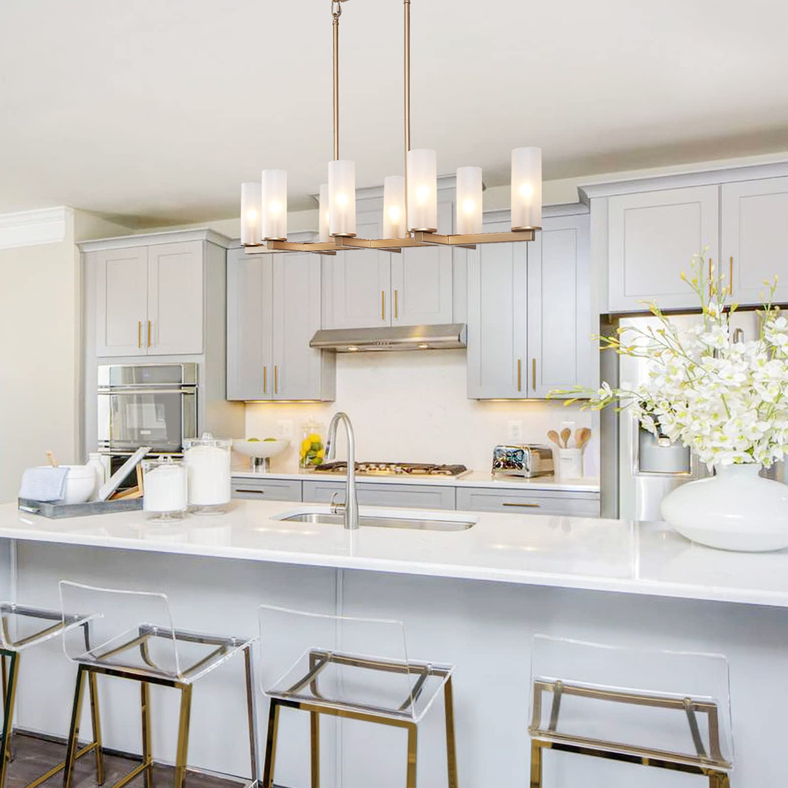 Modern 8-Light Gold Chandelier with Frosted Glass Shades - Dimmable Linear Island Lighting for Dining Room & Kitchen - Elegant Metal Ceiling Fixture for Home Decor (Perfect for Farmhouse, Modern & Contemporary Interior Design)