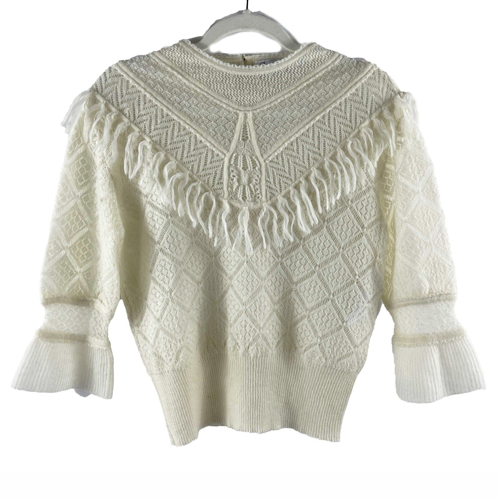 Christian Dior Western Prairie Wool Fringe Sweater Ivory Size 34 (US 2) - Cozy Winter Fashion for Women | Perfect for Casual Outings & Holiday Gatherings