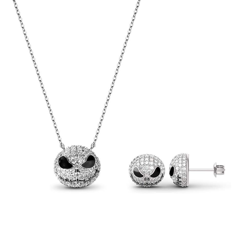 Jeulia 925 Sterling Silver Jack Skellington Necklace & Earrings Set - Cubic Zirconia Pendant & Stud Earrings for Women & Teens - Perfect Halloween Jewelry Gift for Girlfriend, Wife & Daughter | Great for Cosplay, Costume Parties & Disney Themed Events