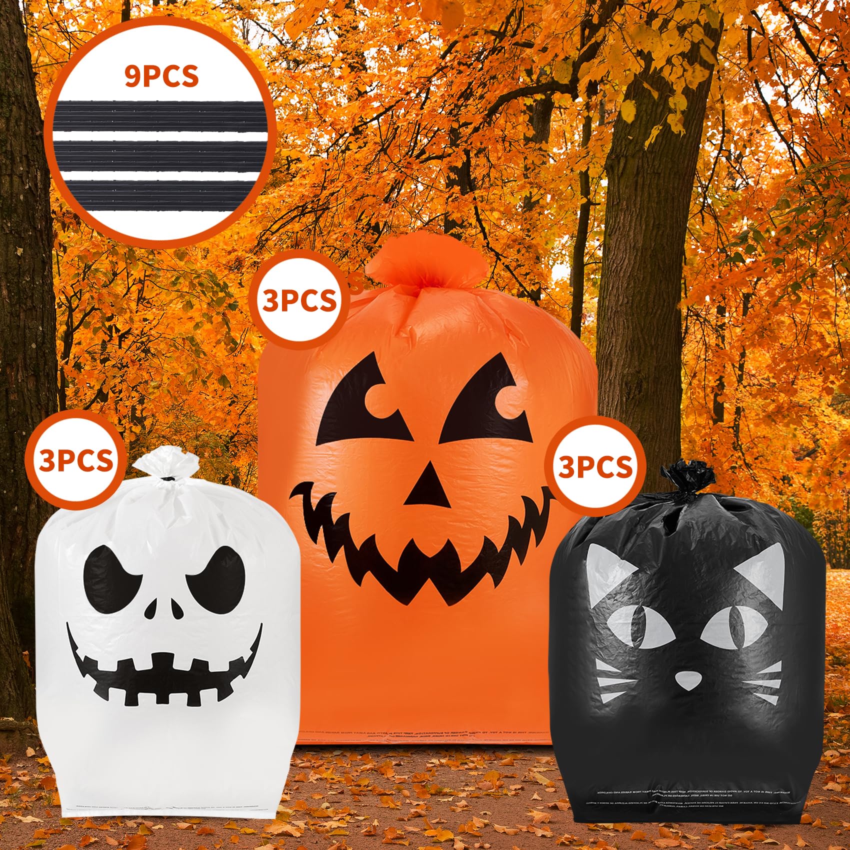 Guheake 9-Pack Halloween Pumpkin Leaf Bags with Twist Ties - Durable Plastic Jack-o-Lantern Lawn Bags for Fall Yard Decor, Thanksgiving Leaf Collection & Outdoor Garden Trash - Perfect for Halloween Parties, Autumn Cleanup & Seasonal Home Decor