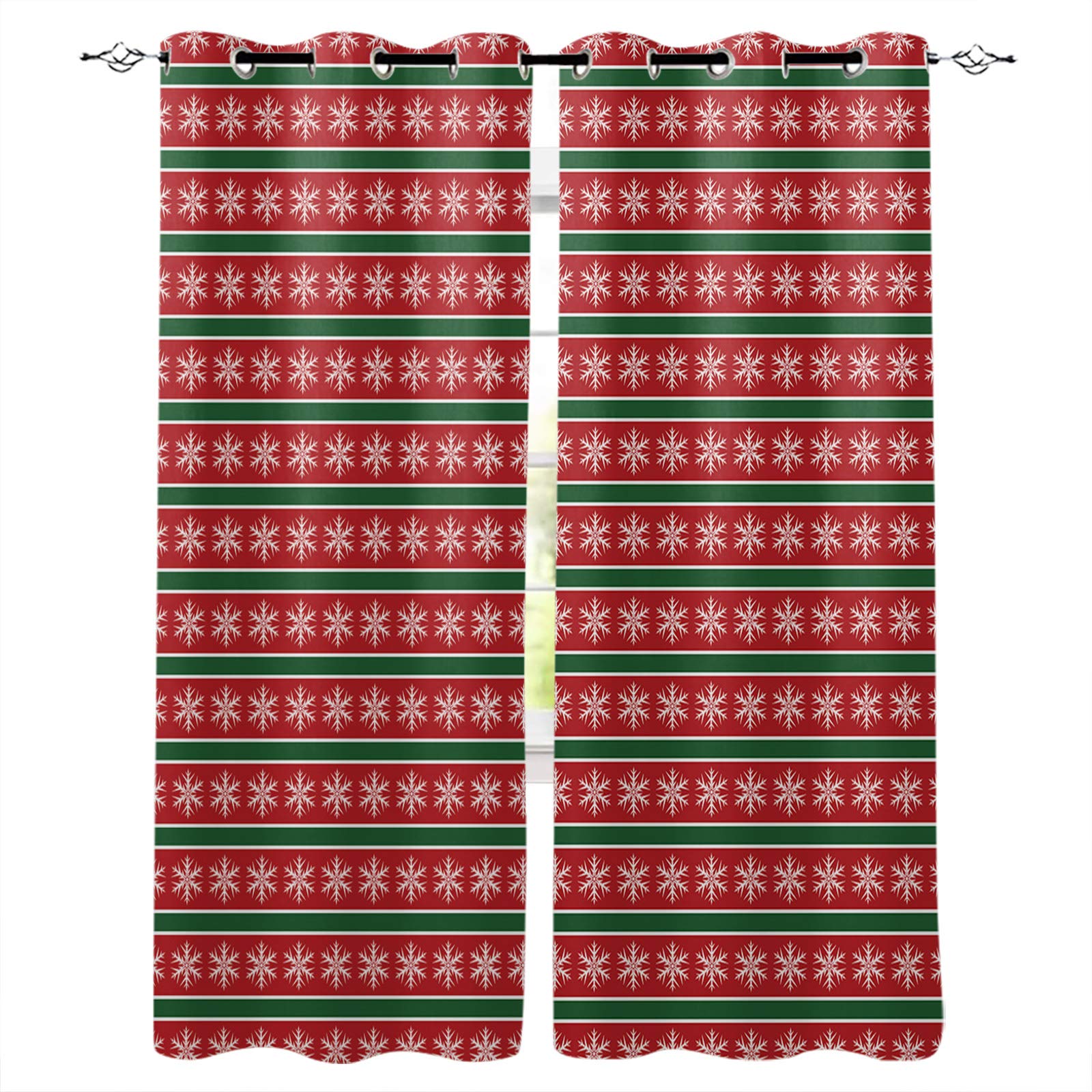 Blackout Window Curtains for Bedroom & Living Room - 84 Inch Thermal Insulated Room Darkening Drapes with Christmas Snowflake Red Green Stripes Design - Perfect for Sliding Glass Doors, Winter Decor & Holiday Home Styling