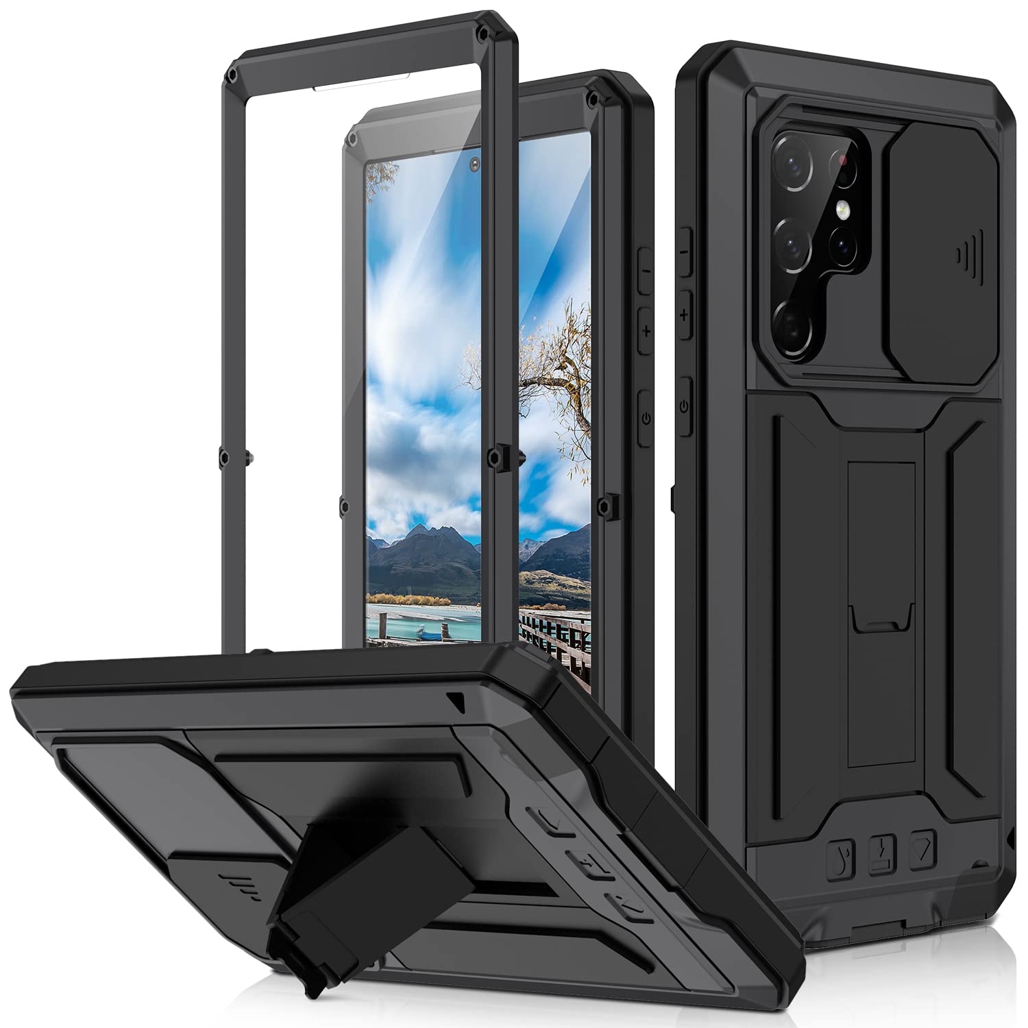 Samsung Galaxy S22 Ultra Case with Screen & Camera Protector - Rugged Military-Grade Heavy Duty Phone Cover with Kickstand, Slide Camera Cover for Outdoor & Adventure Use (Black)