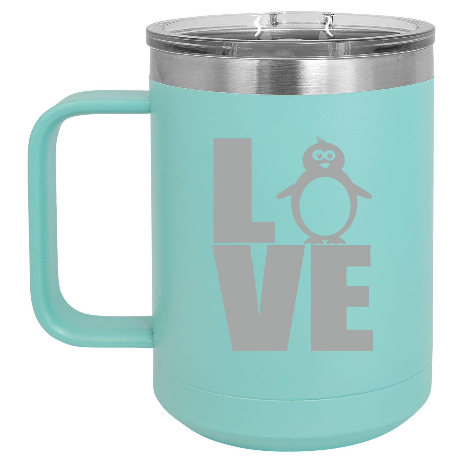15 oz Stainless Steel Vacuum Insulated Tumbler with Handle & Lid - Cute Penguin Design in Teal - Perfect for Coffee, Tea & Travel - Leakproof & Temperature Retention Cup for Commuting, Camping & Office Use