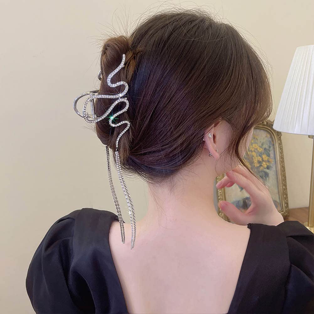 Clataly Snake-Shaped Tassel Hair Clip - Large Shark Bite Hair Claw for Women & Girls - Silver Animal Hair Accessories for Parties, Weddings & Everyday Styling