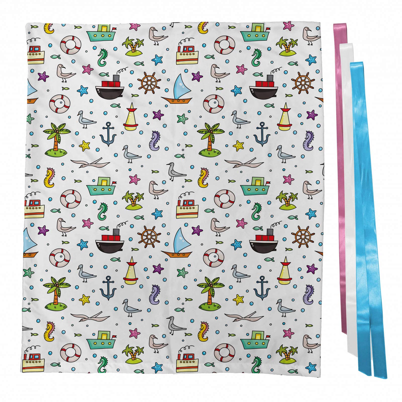 Ambesonne Birds Gift Bag - Nautical Cartoon Design with Ships, Flying Birds, Starfish, Palm Trees & Bubbles - Fabric Party Favor Pouch with 3 Ribbons (27
