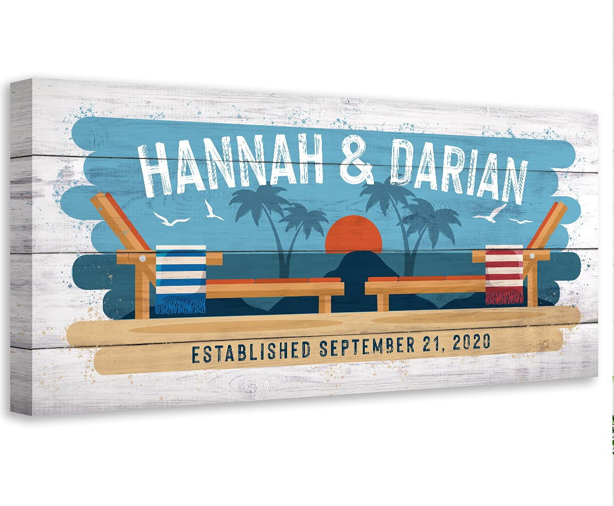Extra Large 24x48 Personalized Beach Chairs Canvas Art - Custom Couples Name Wood Style Wall Decor for Beach House, Boat & Coastal Living Room - Sunset Palm Tree Print for Vacation Home & Seaside Cottage Decor