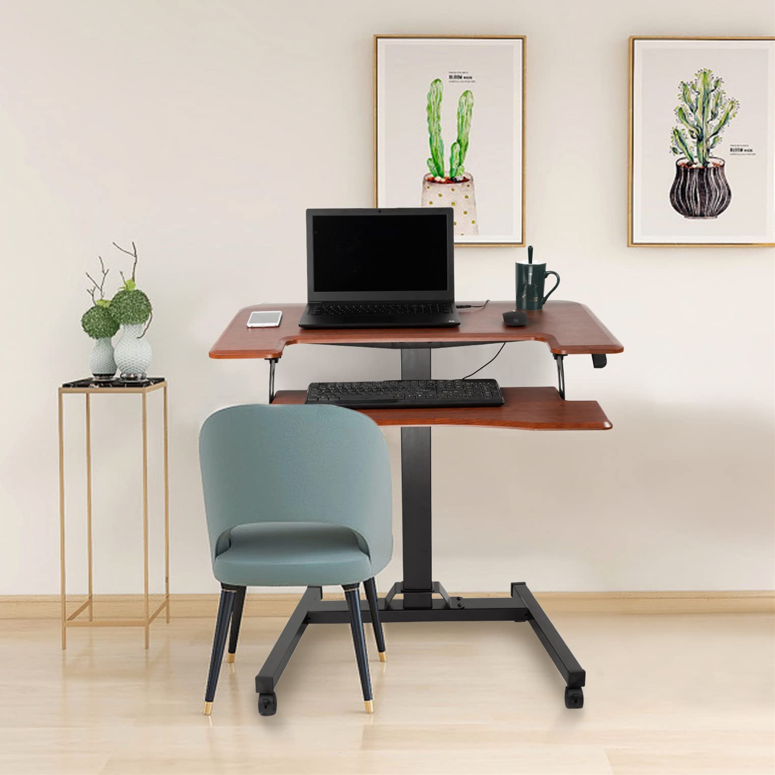 Adjustable Height Sit Stand Laptop Desk with Keyboard Tray - Pneumatic Gas Lift Workstation for Bed, Sofa & Office - Sturdy Steel Base in Walnut Finish - Perfect for Home Office, Gaming & Remote Work