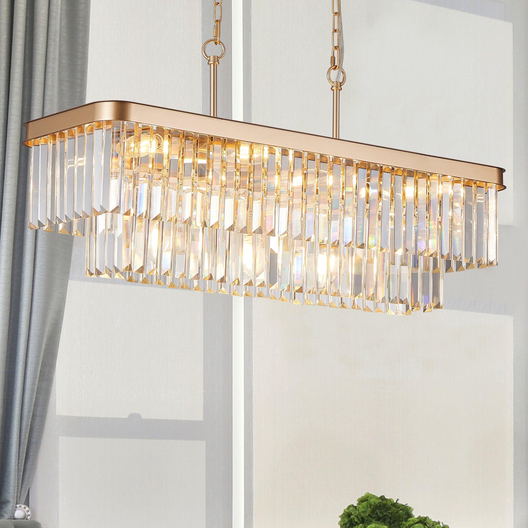 Modern Rectangular Crystal Chandelier - Adjustable E12 Industrial Farmhouse Ceiling Light with Iron Frame in Gold (Bulbs Not Included) - Perfect for Kitchen, Living Room, Bedroom & Dining Room Lighting