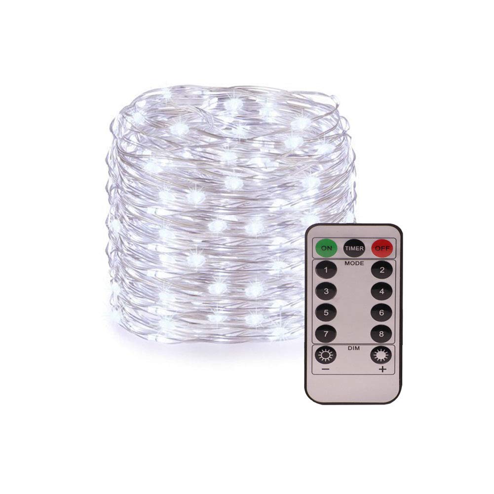 XUNATA 33ft 100 LED String Lights with Remote Control - 8 Modes Dimmable Silver Wire Fairy Lights for Christmas, Holiday, Patio, Garden, Bedroom, Wedding Decor (Warm White) | Indoor & Outdoor Decorative Lighting