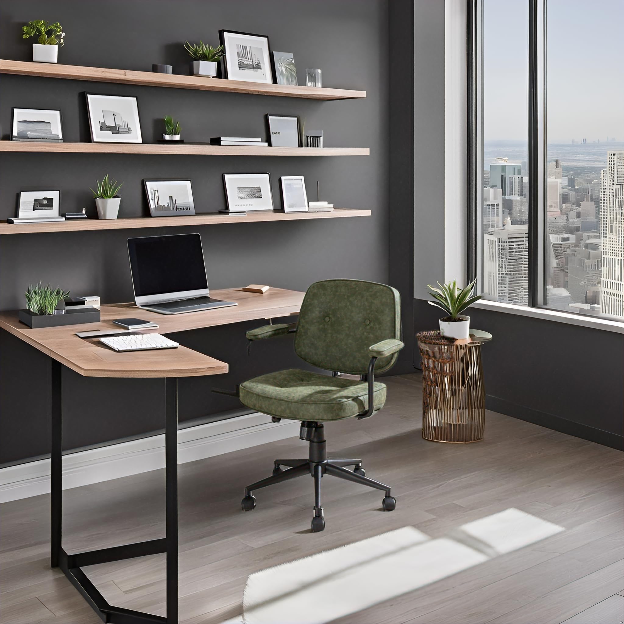LukeAlon Adjustable PU Leather Tiltable Office Chair - 360° Swivel Ergonomic Task Chair with Armrests, Thickened Seat & Button Tufted Design for Home Office (Green) - Perfect for Workspaces, Gaming & Study Rooms