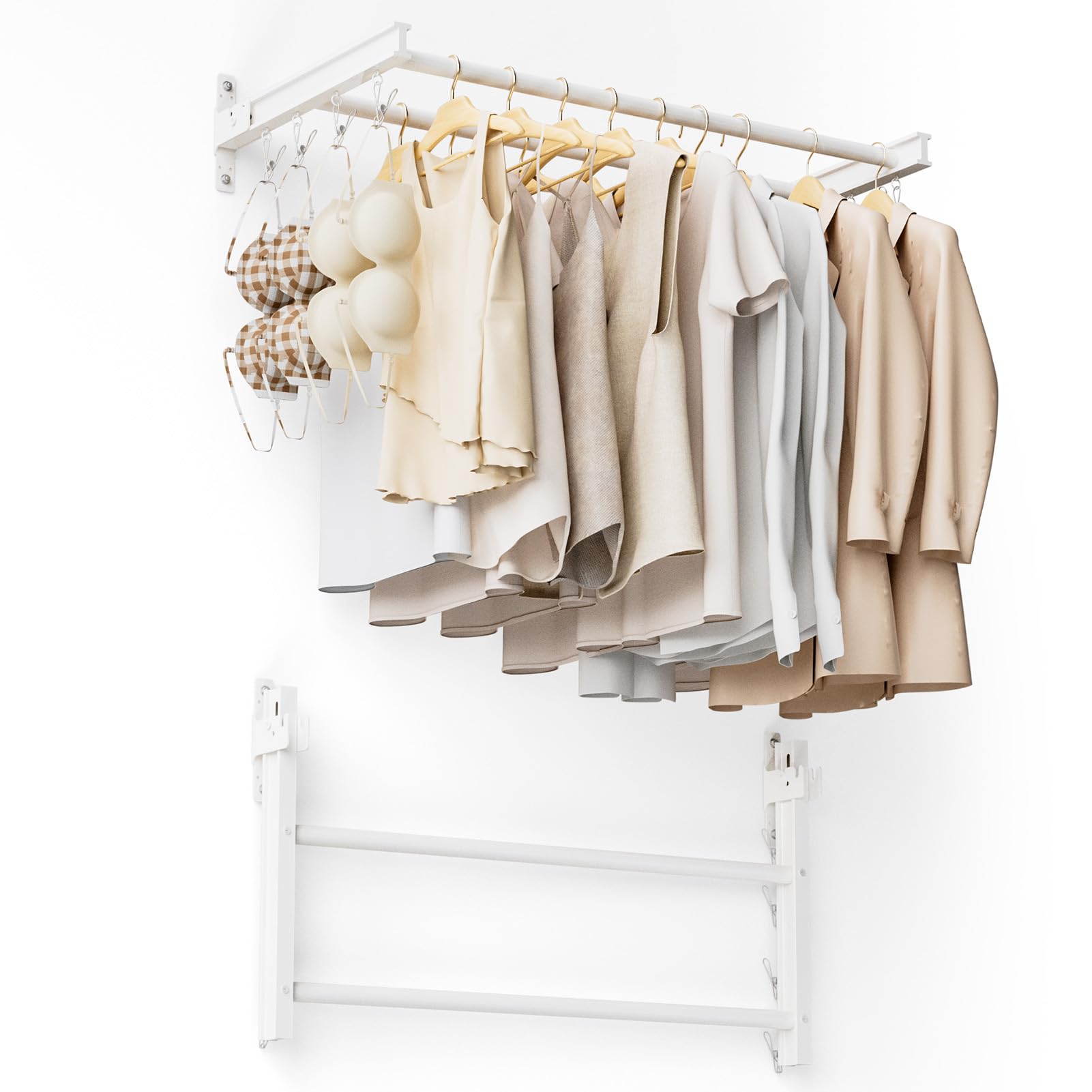 32 Inch Wall Mounted Foldable Laundry Drying Rack - Heavy Duty 60+ lbs Capacity with 2 Rods & 8 Clips - Perfect for Small Spaces, Apartments, Bathrooms - Mounts on Plaster, Brick, Concrete (Pearl White)