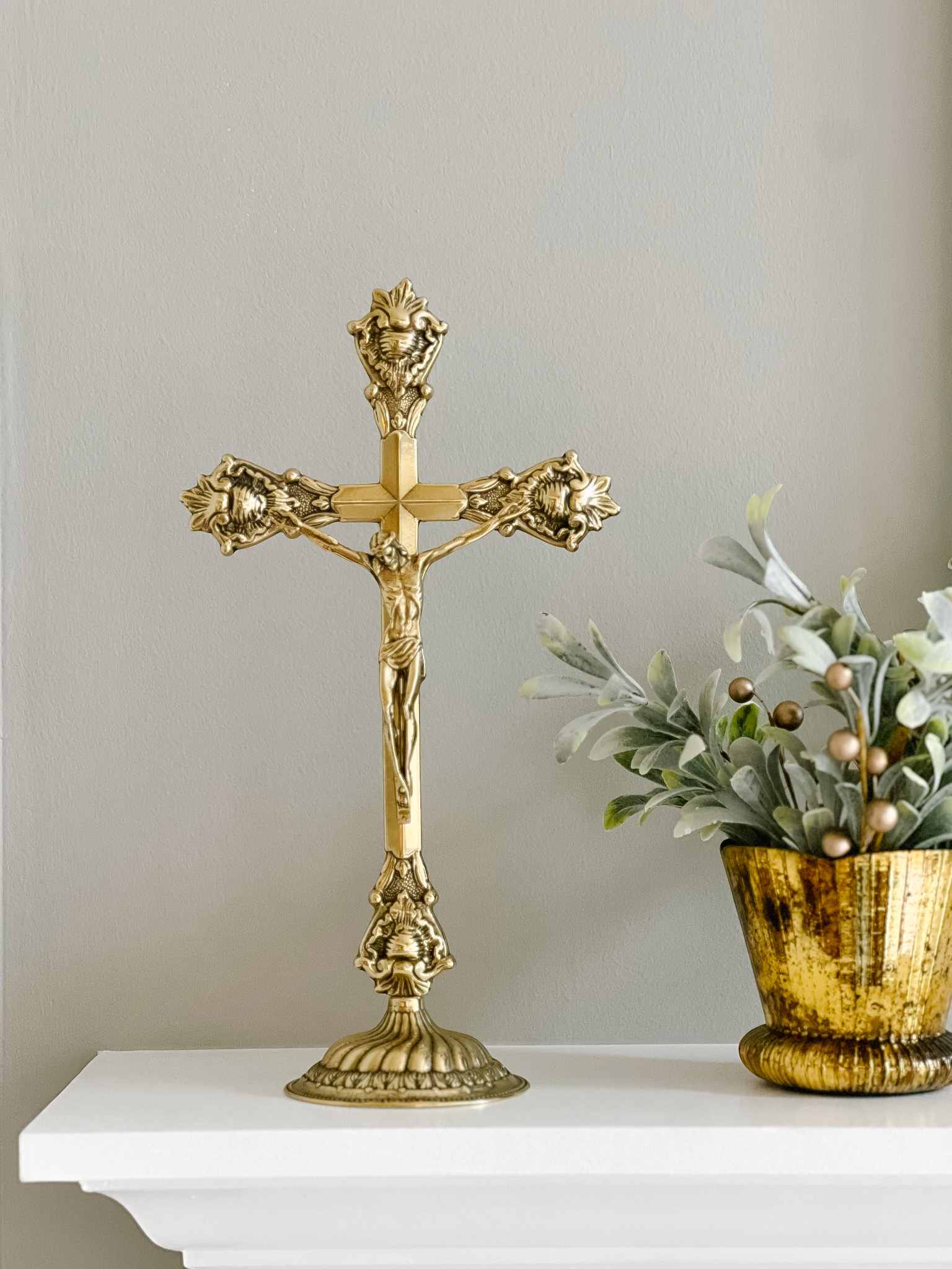 Standing Crucifix Grande - Polished Brass Religious Cross for Home Altar, Church Decor, and Prayer Spaces