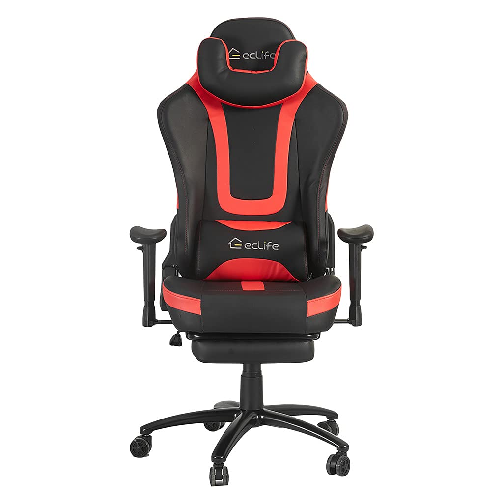 Ergonomic Gaming Chair - High Back Racing Style PU Leather Office Chair with Adjustable Lumbar Support & Footrest, Swivel Task Chair for PC Gaming & Home Office (Red)
