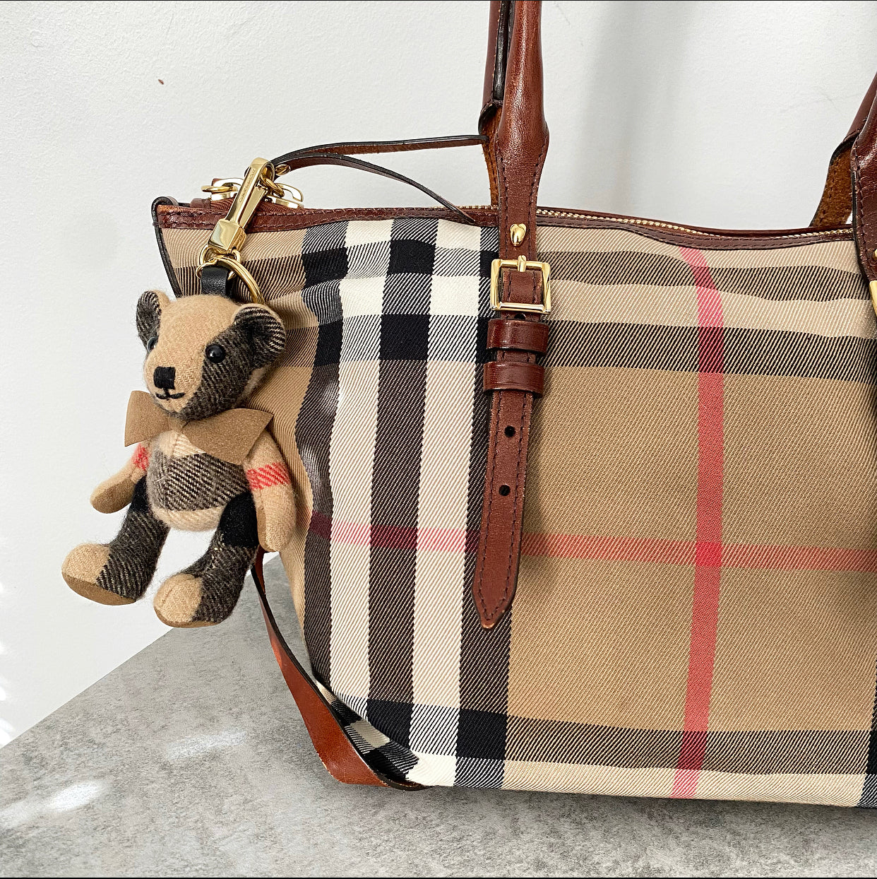 Burberry Check Fabric Tote Bag with Teddy Bear Charm - Stylish Designer Handbag for Women, Perfect for Work, Travel & Everyday Use