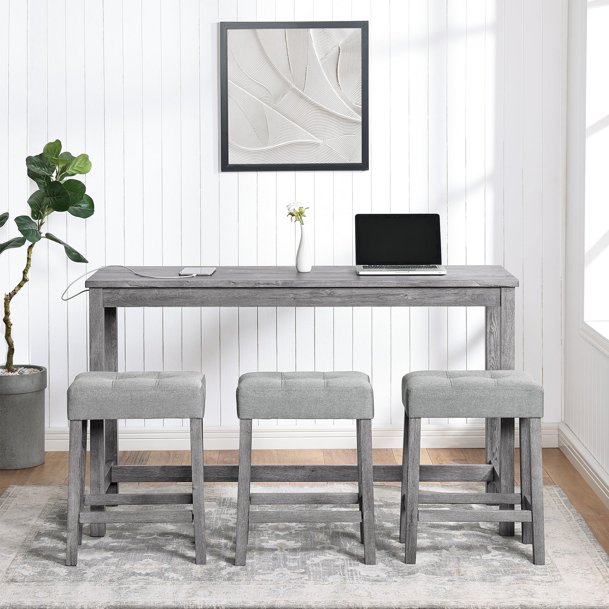 **Merax 4-Piece Bar Table Set with Power Outlet - Industrial Breakfast Table & 3 Padded Stools, Gray - Perfect for Living Room, Dining Room, Game Room & Small Space Entertaining**