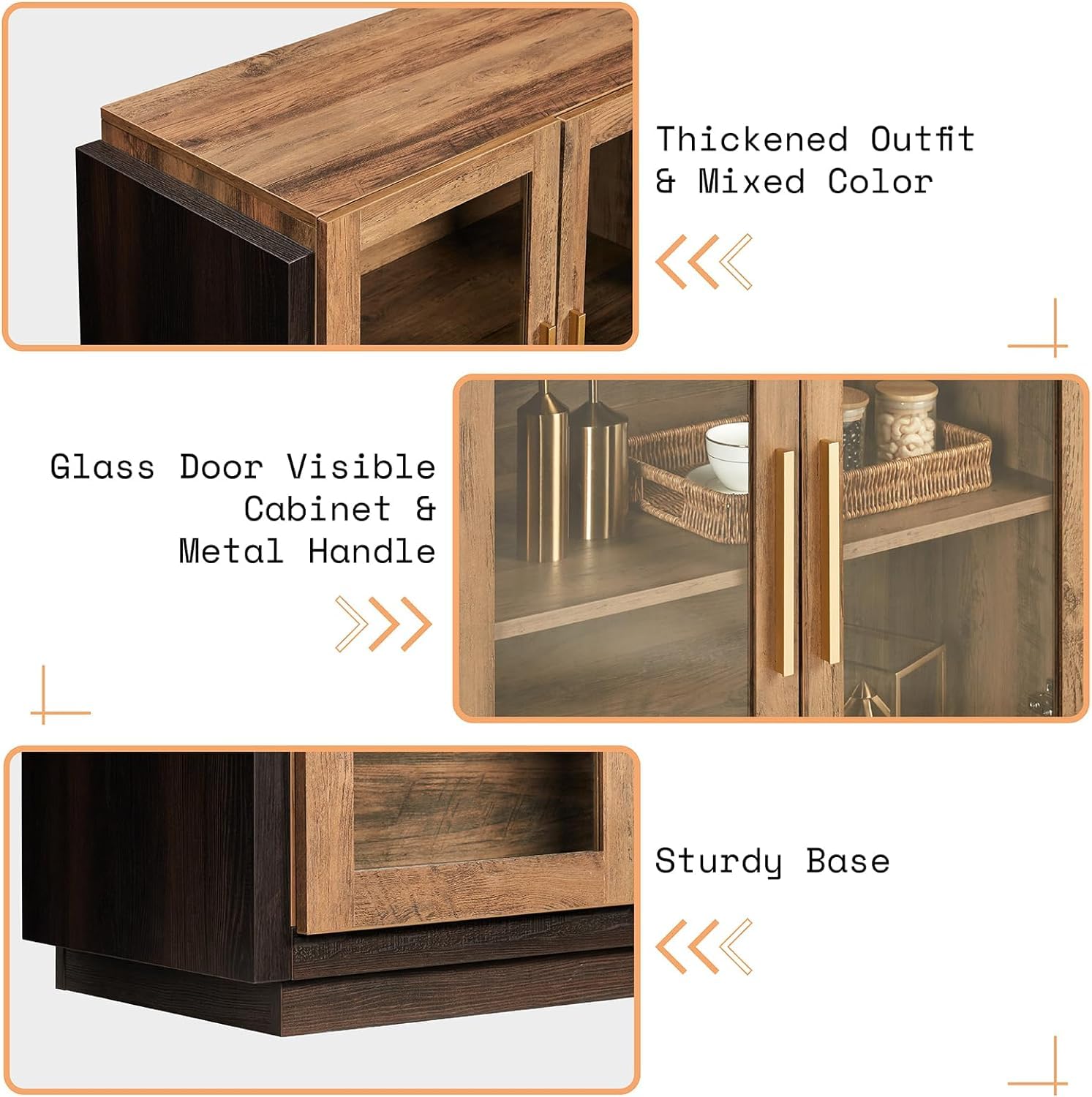 AMERLIFE Modern Sideboard Buffet Cabinet with LED Lights & Glass Doors - Adjustable Shelf Storage Console Table for Dining & Living Room - Barnwood & Brown Accent Furniture (Perfect for Home Decor, Entertaining & Displaying Collectibles)
