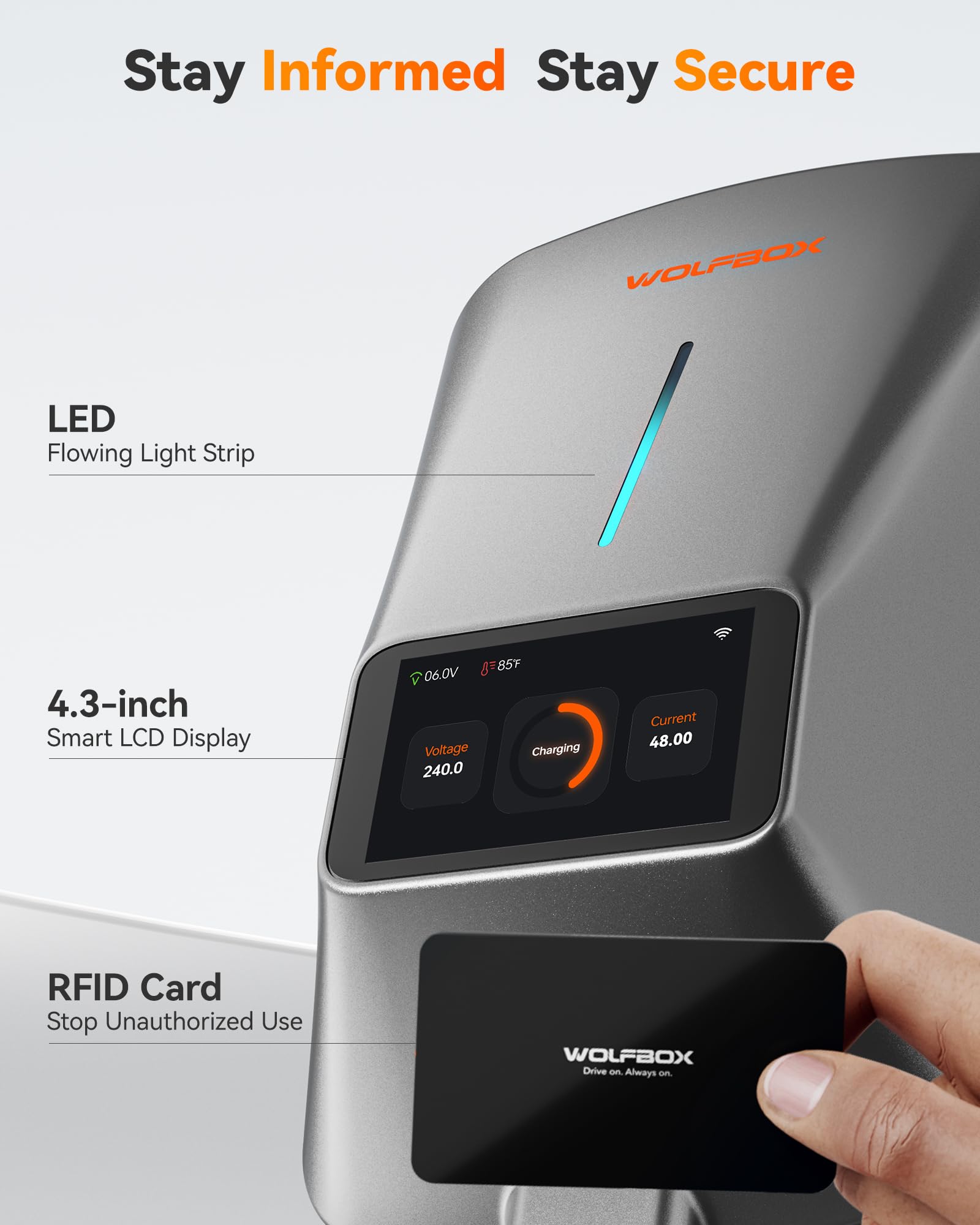 WOLFBOX 48A Level 2 EV Charger with Smart Display & RFID Card - 25ft Cable, WiFi Enabled, Hardwired 240V Electric Vehicle Charging Station for Indoor/Outdoor Use - Perfect for Home, Garage, and Workplace Charging