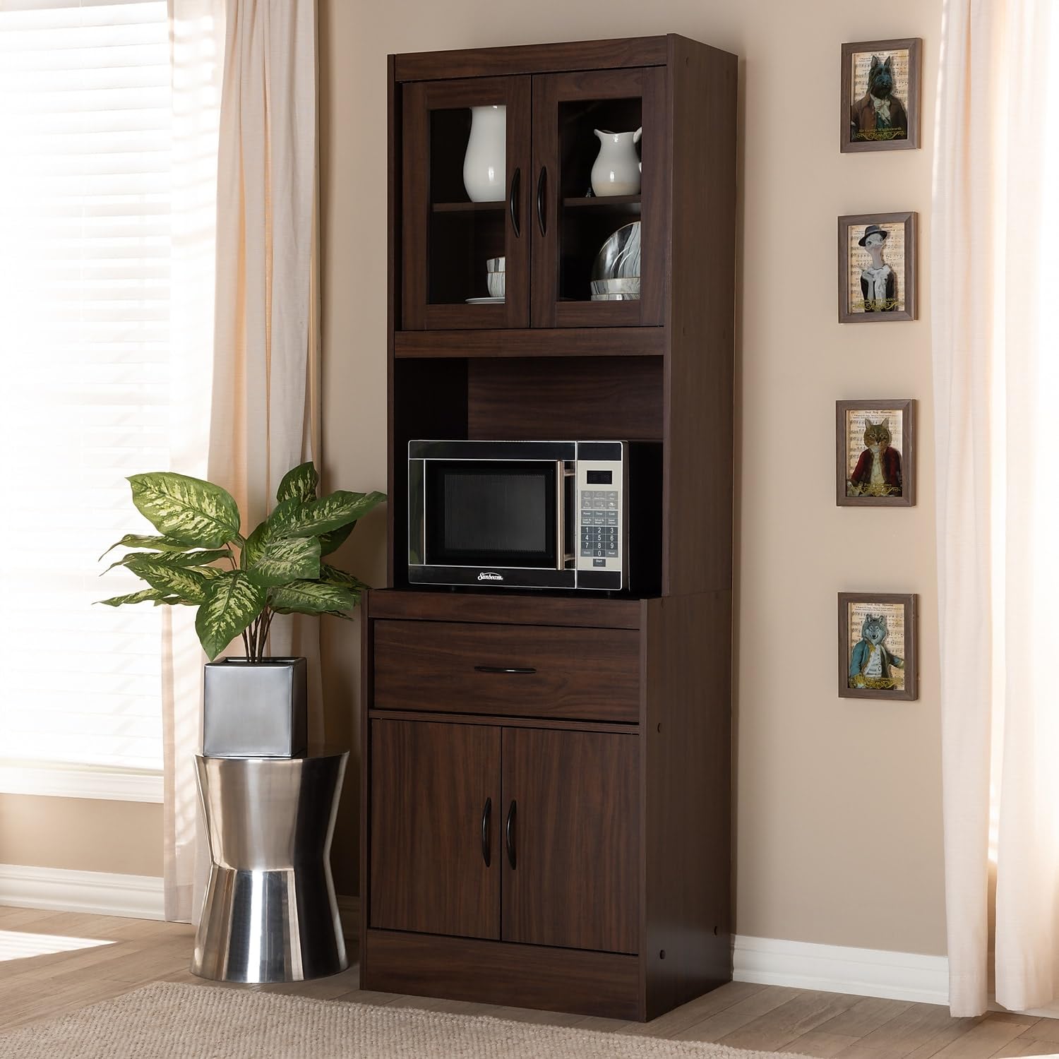 Baxton Studio Laurana Modern Dark Walnut Kitchen Cabinet & Hutch - Contemporary Storage Solution for Dining Room, Kitchen or Pantry Organization