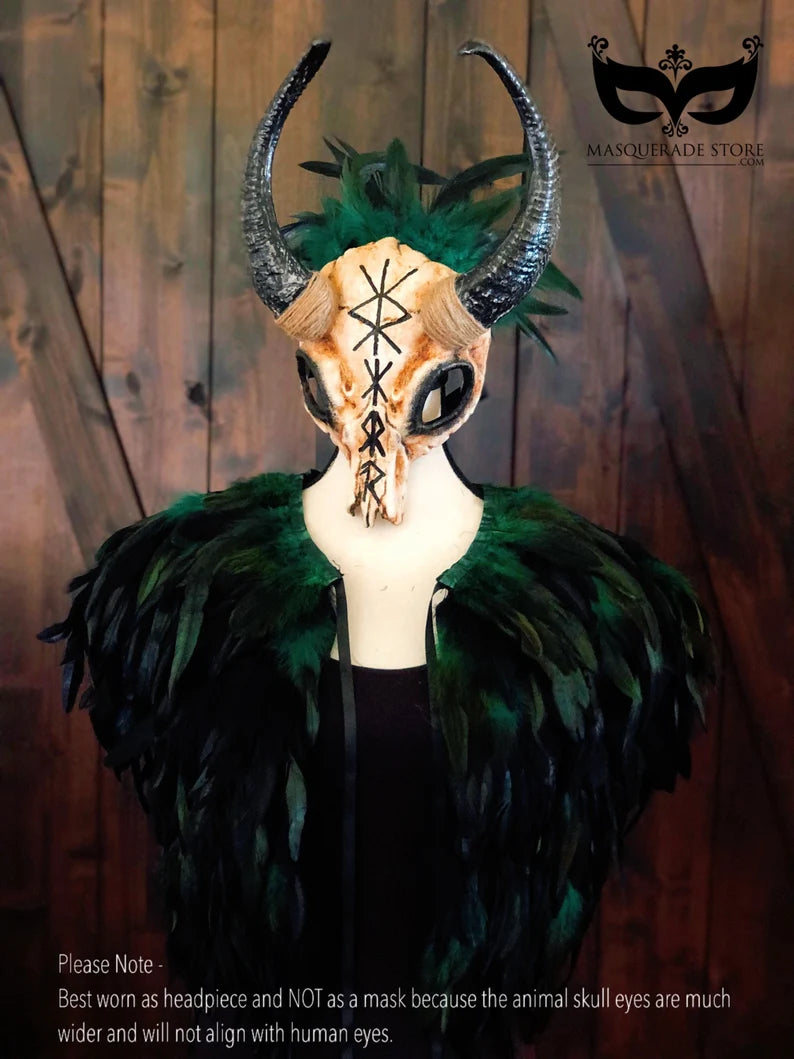 Viking Hunter Ram Horn & Feather Cape - Medieval Costume Accessory for Cosplay, LARP, Halloween & Viking Themed Parties