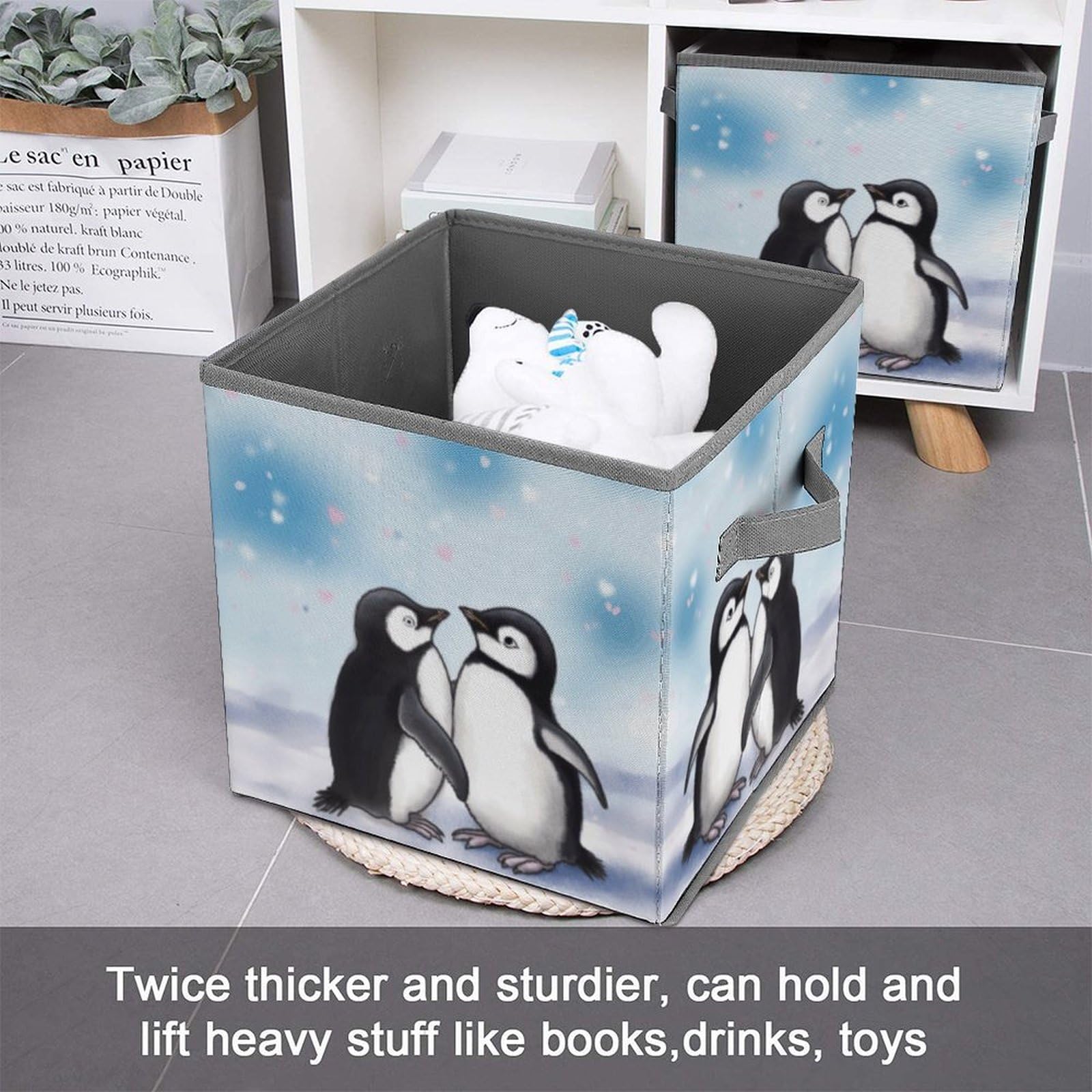 Collapsible Storage Cubes with Handles - 10.6×10.6 Inch Foldable Organizer Bins | I Love Penguins Printed Design for Bedroom, Closet & Kids Room Organization