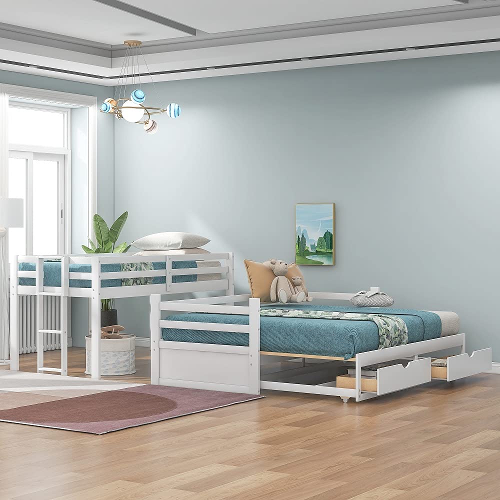 Solid Wood Twin Over Twin/Full/King Bunk Bed with 2 Storage Drawers & Ladder - Convertible to Daybed or Loft Bed - Kids Bedroom Furniture for Small Spaces & Sleepovers (White)