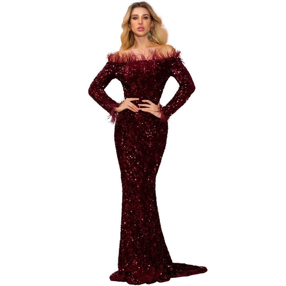 Sexy Off Shoulder Feather Long Sleeve Sequin Floor Length Evening Party Maxi Dress for Women - Glamorous Reflective Gown for Prom, Wedding, and Special Occasions