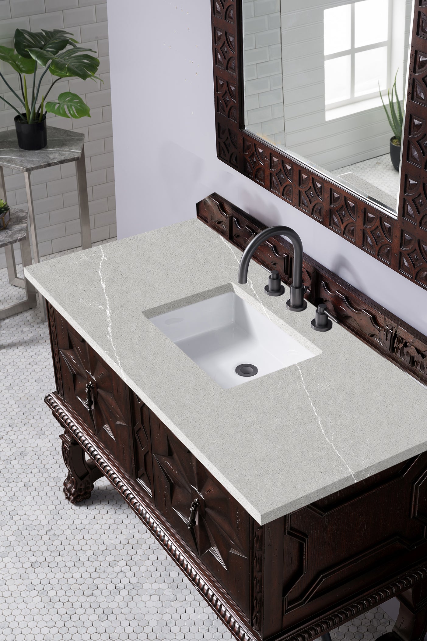 Balmoral 48 Inch Single Vanity Cabinet with 3CM Eternal Serena Quartz Top - Antique Walnut Finish for Bathroom Remodeling & Modern Home Decor