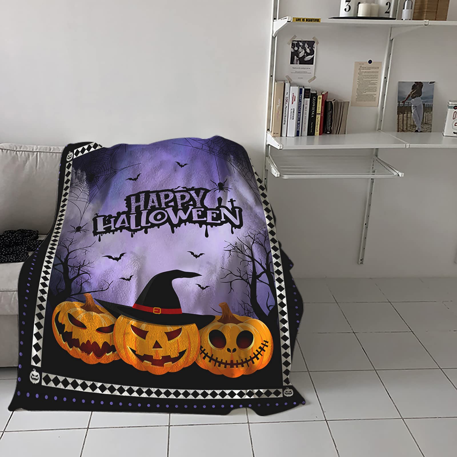 Halloween Pumpkin Blanket - Super Soft Flannel Fleece Throw Blanket with Bats & Diamond Purple Plaid Border - Lightweight, Cozy & Warm Fuzzy Plush Microfiber Blanket for Couch, Bed, Sofa (40x60 Inches) - Perfect for Fall Decor, Movie Nights & Seasonal Home Comfort