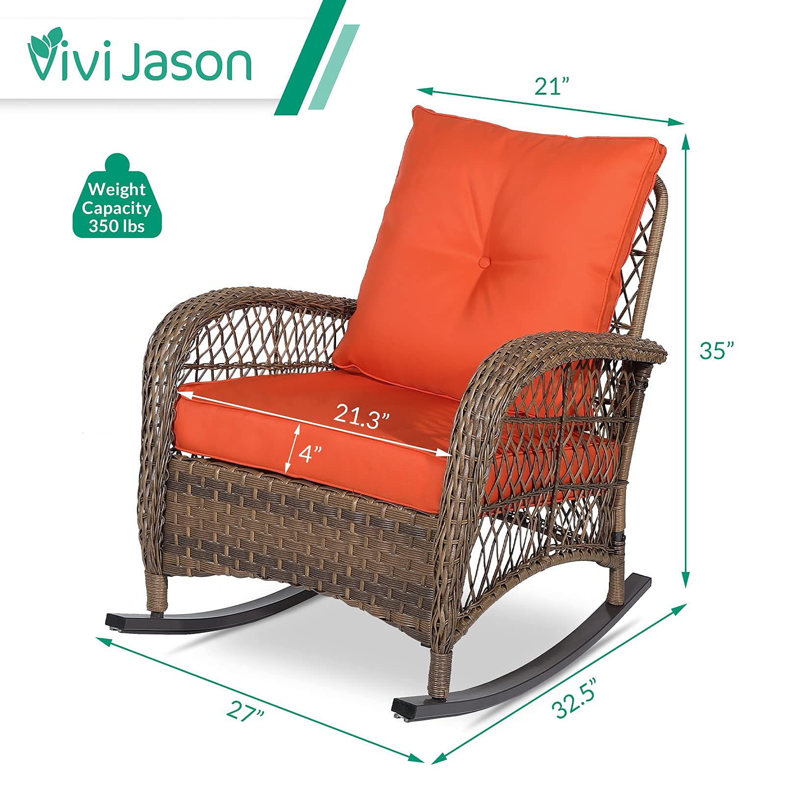 VIVIJASON All-Weather Outdoor Wicker Rocking Chair with Cushions - Patio Rattan Rocker Chair with Durable Steel Frame - Comfortable Garden Backyard Porch Furniture for Relaxing (Orange) - Perfect for Sunbathing, Reading & Enjoying Morning Coffee