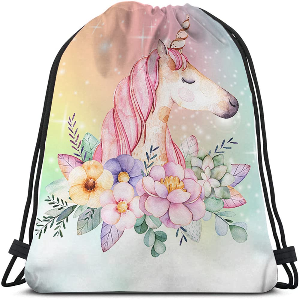 **Pink Unicorn Drawstring Backpack with Wavy Hair & Galaxy Print - Gym Sack, Yoga Bag for Men & Women - Perfect for Sports, Travel, and School**